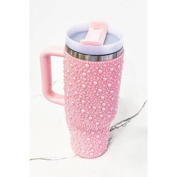 40 oz Pink Pearl Studded Stainless Steel Tumbler with Handle - Picture 3 of 4